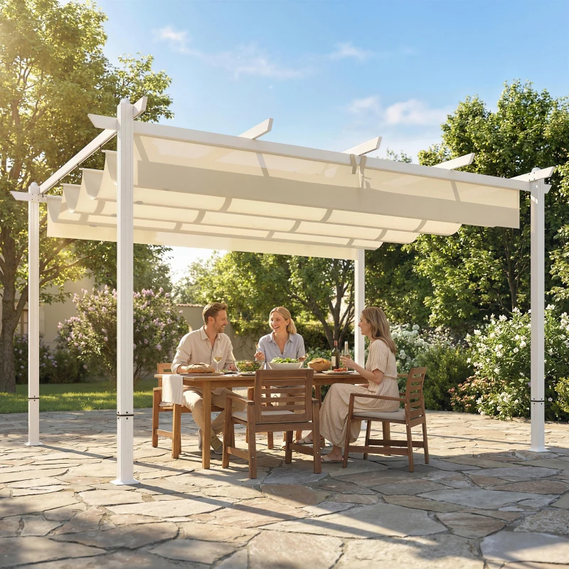 Outsunny Pergola 3 x 4 m Terrassenüberdachung mit Schiebedach, magnetische Verschlüsse, UV30+ Beige