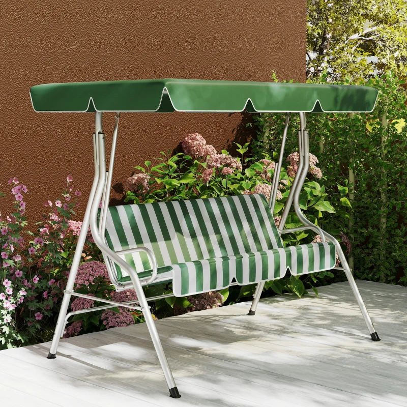 Outsunny Balancelle de jardin 3 places, balançoire extérieure toit inclinaison réglable, motif à rayures 1,7 x 1,1 x 1,53 m vert