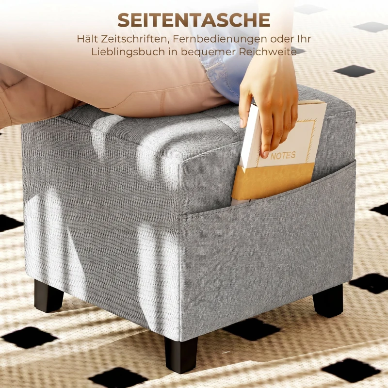 HOMCOM Quadratischer Hocker, kleiner Ottoman mit Seitentasche, Fußstütze aus Stoff in Leinenoptik mit Gummibaumholzbeinen, Hellgrau