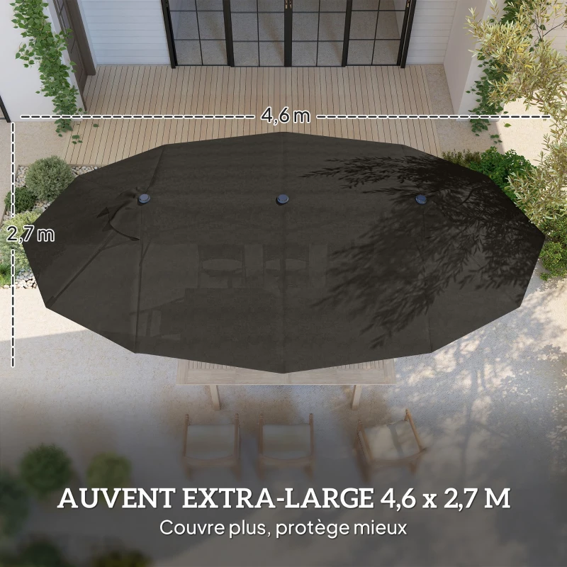 Outsunny Parasol de jardin exterieur parasol double rectangulaire 4,6L x 2,7l x 2,4H m avec ouverture fermeture manivelle, sacs de lestage et base inclus, pour balcon, piscine, gris