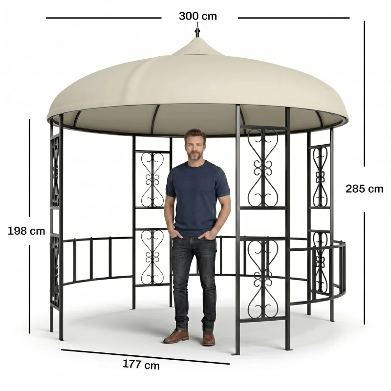 Outsunny Gazebo da Giardino Rotondo Ø3m con Tende e Prese d'Aria in Metallo e Poliestere, Beige