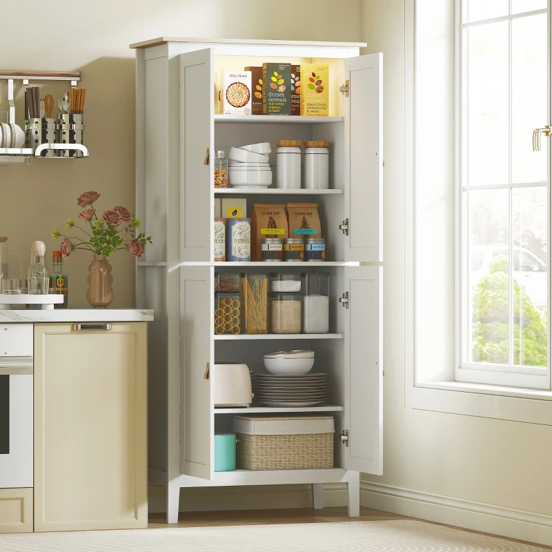 HOMCOM Credenza Cucina Alta 177 cm, Mobile Cucina con Luce LED, Dimmerabile a 3 Colori, Ripiani Regolabili, Bianco