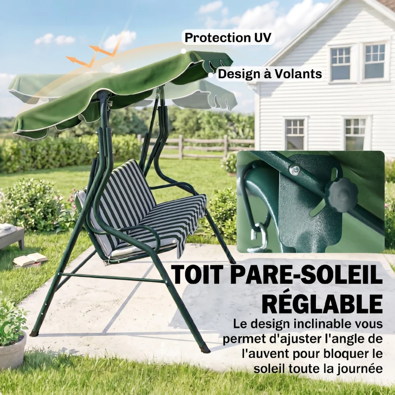 Outsunny Balancelle de Jardin 3 Places Toit imperméabilisé Inclinaison réglable Coussins Assise Dossier Vert Blanc rayé