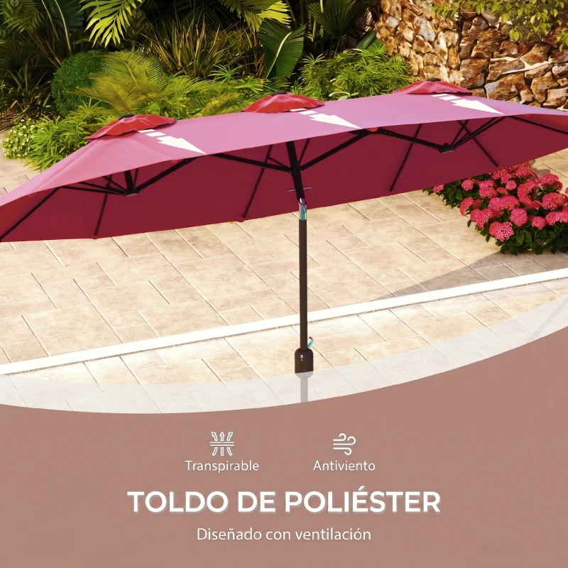 Outsunny Sombrilla Doble de Jardín 295x152x222 cm con Inclinación de 45° y Manivela Manual para Terraza Balcón Piscina Rojo