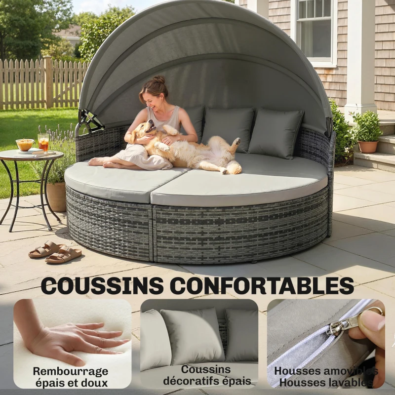 Outsunny Bain de soleil rond, lit de jardin extérieur modulable 3 PSC en résine tressée avec auvent rétractable, gris clair