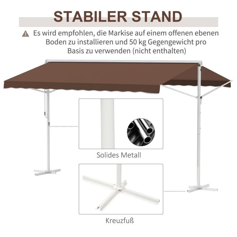 Outsunny Verstelbare vrijstaande zonnescherm, handmatig bedienbaar, metalen frame, weerbestendig, 4x3m, Koffie