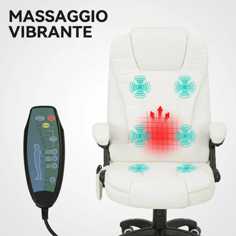 Vinsetto Sedia da Ufficio Reclinabile Massaggiante con Altezza Regolabile, Telecomando, in Tessuto Effetto Lino, Crema