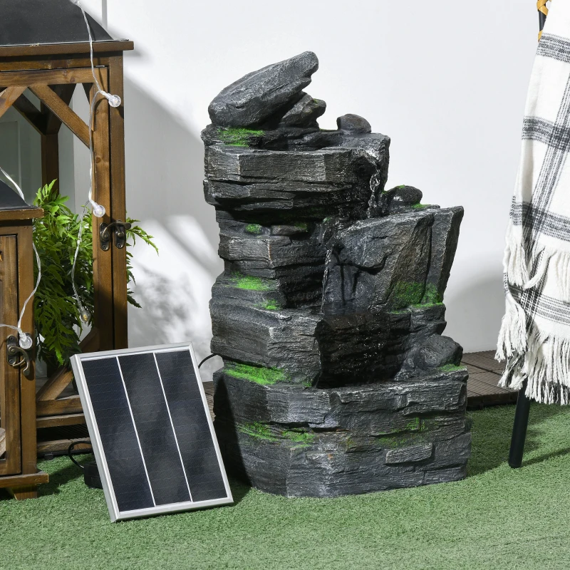 Outsunny Gartenbrunnen, Steinoptik, 4-stufig, Solarbetrieb, LEDs, 57cm Höhe, Kunstharz, Grau/Braun