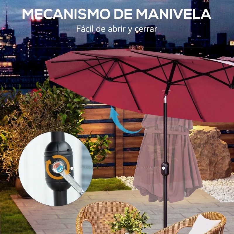 Outsunny Sombrilla Doble de Jardín 295x152x222 cm con Inclinación de 45° y Manivela Manual para Terraza Balcón Piscina Rojo