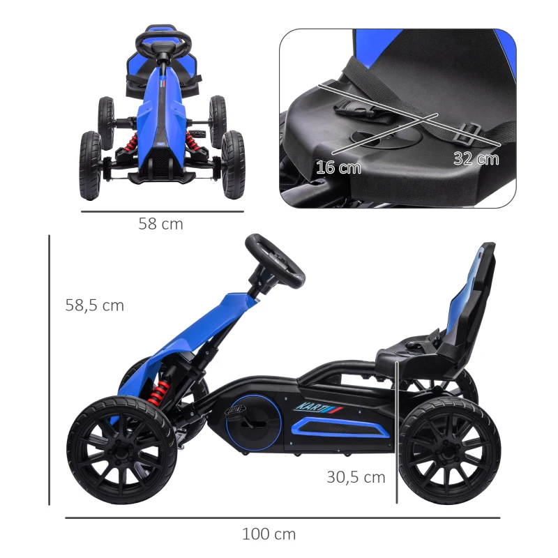HOMCOM Go Kart a Pedali per Bambini 3-8 Anni con Sedile Regolabile e Ruote in EVA, 100x58x58.5 cm, Blu