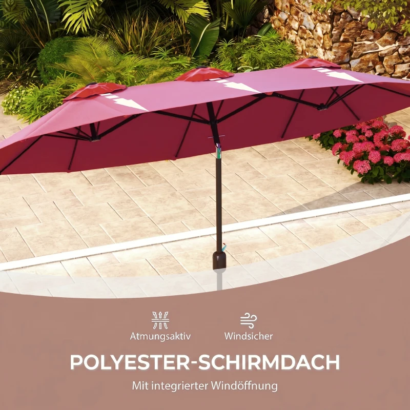 Outsunny Sonnenschirm, Gartenschirm, neigbar, mit Handkurbel, Winddach, Polyester+Stahl, Weinrot, 295 x 152 cm