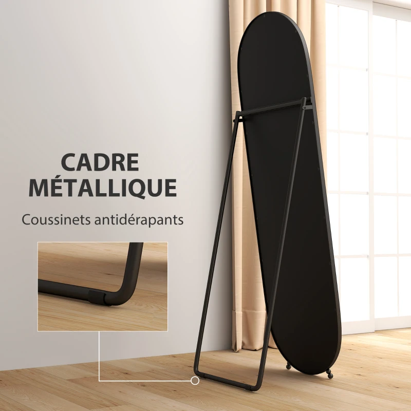 HOMCOM Grand miroir sur pied, miroir ovale, cadre en métal noir, avec support pour entrée, chambre, dressing, 40 x 160 cm