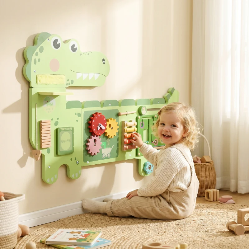 AIYAPLAY Placă Montessori motorică din lemn - Busy Board Dinozauri, montată pe perete, cu xilofon, ceas, roți dințate și bare sonore
