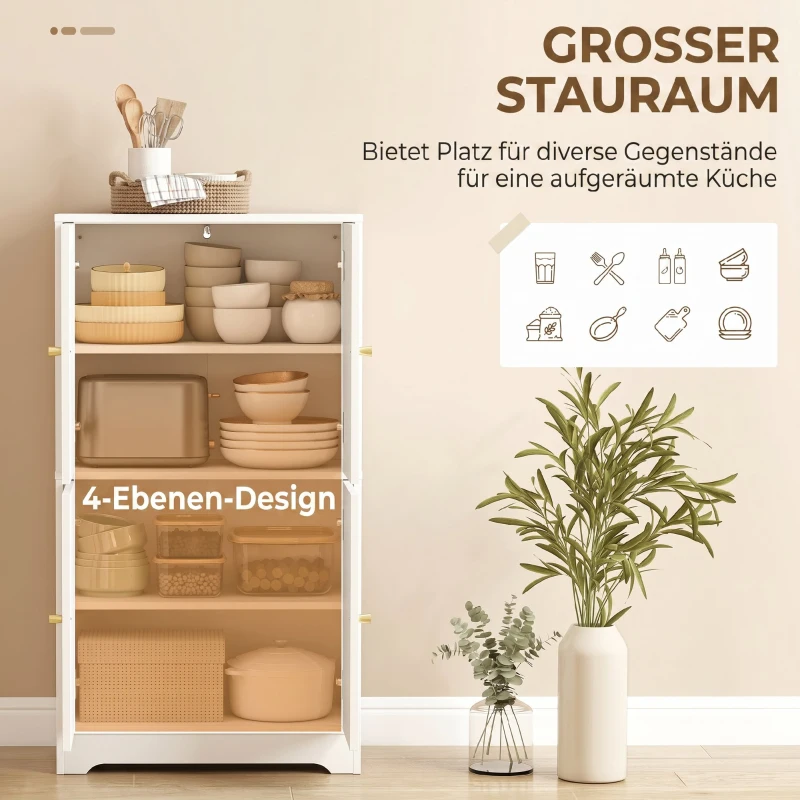 HOMCOM Küchenschrank, Hochschrank mit 2 verstellbaren Regalböden, Küchenbuffet mit 4 gewölbten Türen 60 x 30 x 110 cm, Weiß