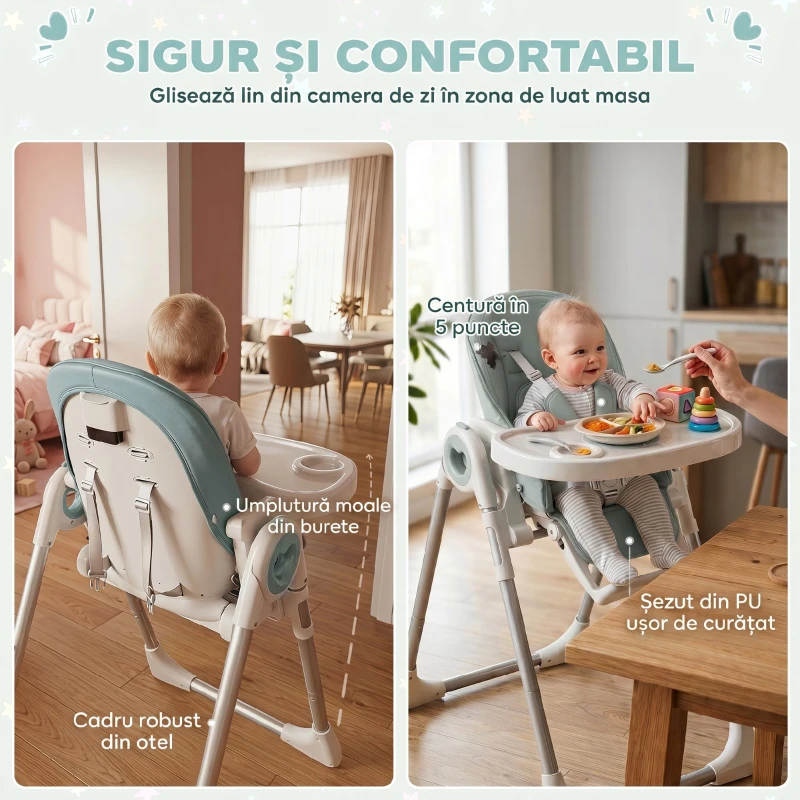 AIYAPLAY Scaun de Masă Pliabil pentru Copii 6-36 Luni cu Înălțime Reglabilă, Tăviță Dublă Lavabilă, Roți, Verde
