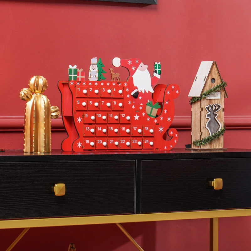 HOMCOM Calendrier de l'Avent à remplir en bois, décoration de Noël avec 24 tiroirs, Père Noël et traîneau, 22,5x8x36cm, rouge
