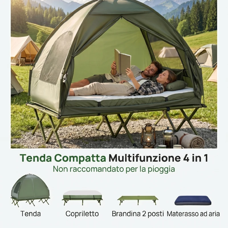 Outsunny Set da Campeggio Tenda Letto 2 Persone Materasso Gonfiabile con Borsa per il Trasporto Polietilene Verde