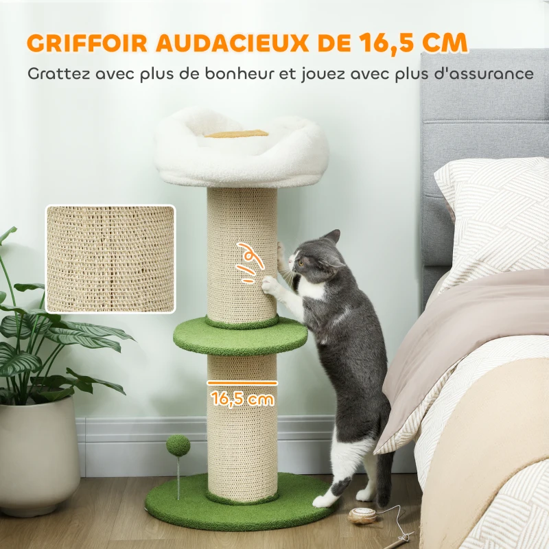 PawHut Arbre à chat à fleurs à 3 niveaux, tonneau à gratter pour chats plateforme et balle poteau en sisal, Ø 45 x 92 cm, vert