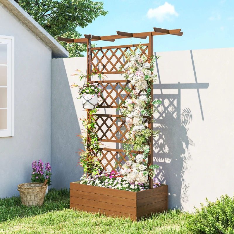 Outsunny Jardinière Surélevée avec treillis et Barres de Toit, bac à fleurs Trous de Drainage, tissu non tissé effet bois naturel