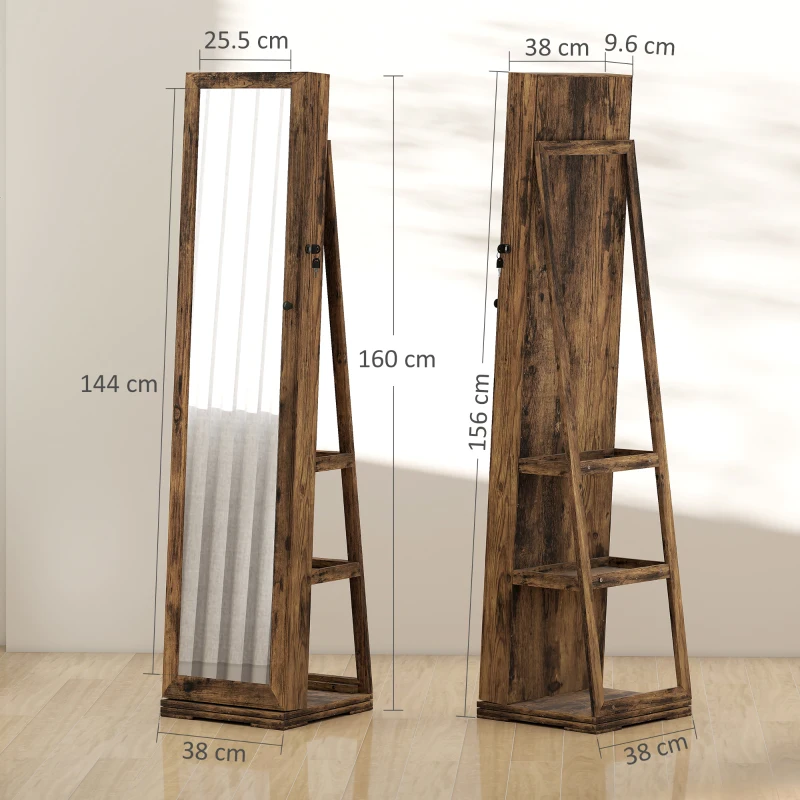 HOMCOM Armoire à Bijoux pivotante verrouillable boîte à bijoux avec Miroir - Armoire Bijoux Multi-Rangement - Brun Rustique