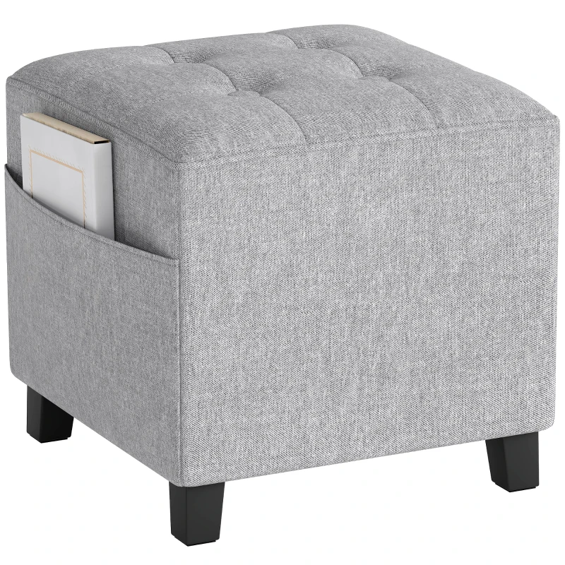 HOMCOM Quadratischer Hocker, kleiner Ottoman mit Seitentasche, Fußstütze aus Stoff in Leinenoptik mit Gummibaumholzbeinen, Hellgrau
