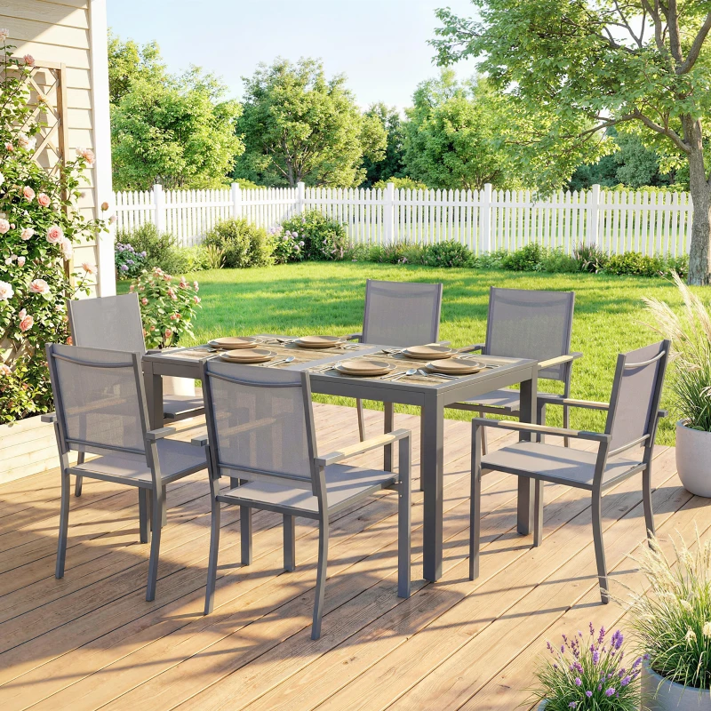 Outsunny Salon de Jardin Ensemble Mobilier de Jardin 7 Pièces Table Effet Bois 6 Chaises Empilables en Textilène 140x80x72cm Gris