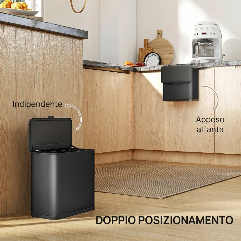 HOMCOM Cestino Spazzatura da 8L con Coperchio in Acciaio Inox e Secchio Interno Rimovibile, 29.7x17.4x30 cm, Nero