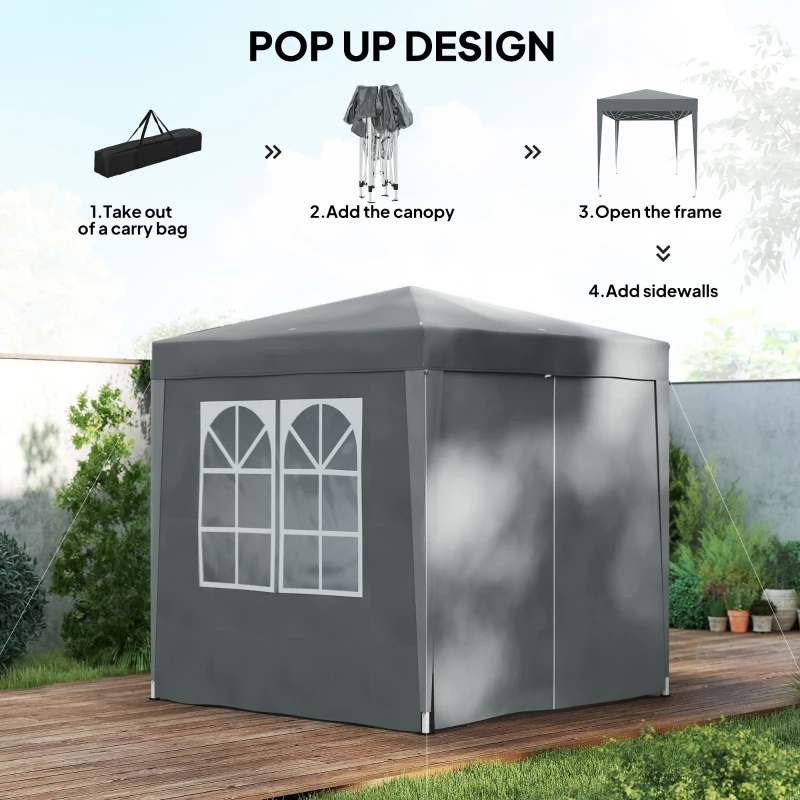 Garden Pop Up Gazebo Marquee Party Tent Canopy with free Carrying Case, Removable 2 Walls, 2 Windows, 2m x 2m, Grey