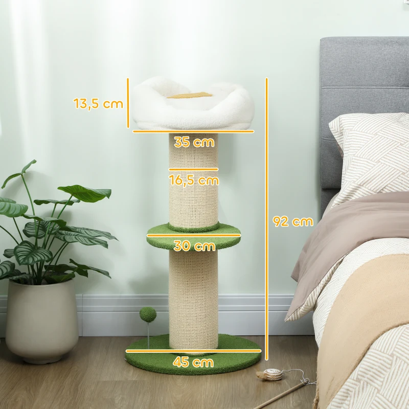 PawHut Arbre à chat à fleurs à 3 niveaux, tonneau à gratter pour chats plateforme et balle poteau en sisal, Ø 45 x 92 cm, vert