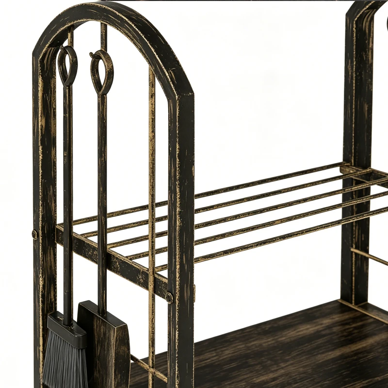 Outsunny 2-laags houtrek voor binnen 43 x 30 x 74 cm met 4-delig haardgereedschap en haken
