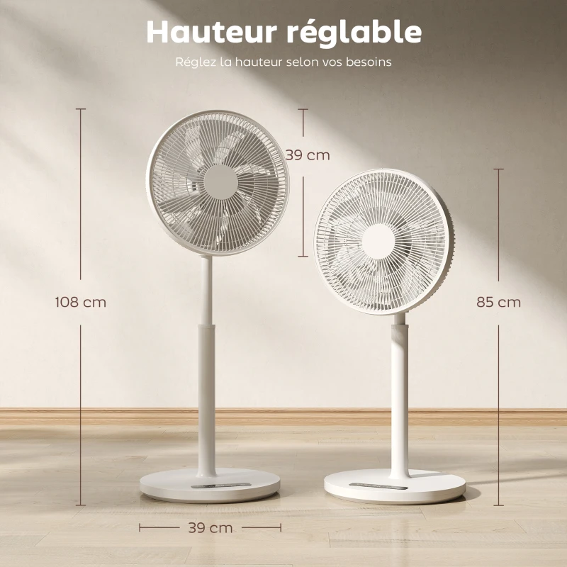 HOMCOM Ventilateur sur pied, ventilateur 39 cm avec 12 vitesses, 4 modes, minuterie 9H, oscillant 120°, hauteur réglable, blanc