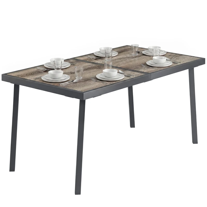 Outsunny Outdoor Tisch für 6 Personen, Holzoptik, Metallrahmen, wetterfest, 145 x 85 x 72 cm, Grau