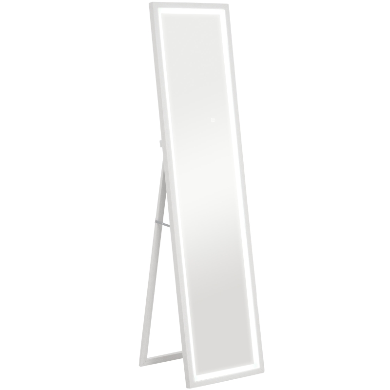 HOMCOM Grand miroir pleine longueur, miroir mural ou sur pied rectangulaire, 40 x 160 cm avec éclairage LED 3 couleurs, blanc