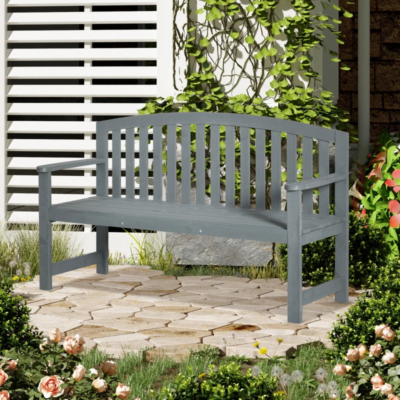 Outsunny 2-Sitzer Gartenbank Holz, wetterfest Sitzbank, Gartenmöbel mit Rückenlehnen, 240 kg belastbar 143 x 51 x 85 cm, Grau
