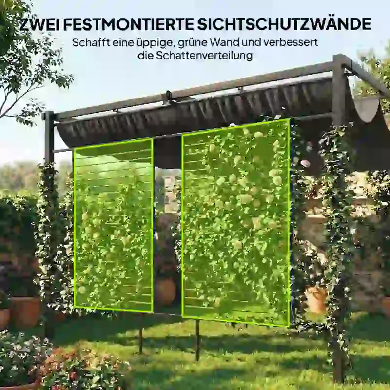 Outsunny Pergola 3,87 x 2,97 m Terrassenüberdachung mit Schiebedach, 2 Sichtschutz, UV 50+ Dunkelgrau