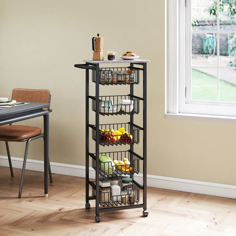 HOMCOM Five Basket Mobile Kitchen Island, with Brakes - Grey/Black