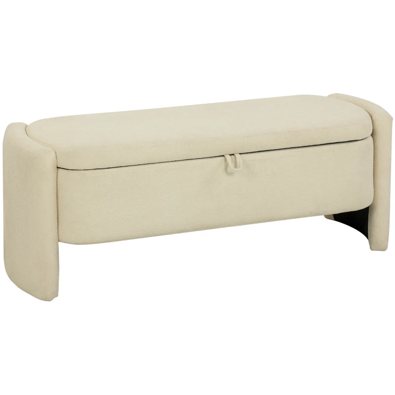HOMCOM Banc Bout de Lit Banquette, 118x42x45cm, Banc de Rangement Rembourré en Tissu Bouclé, Pieds en Bois d'Eucalyptus, Crème
