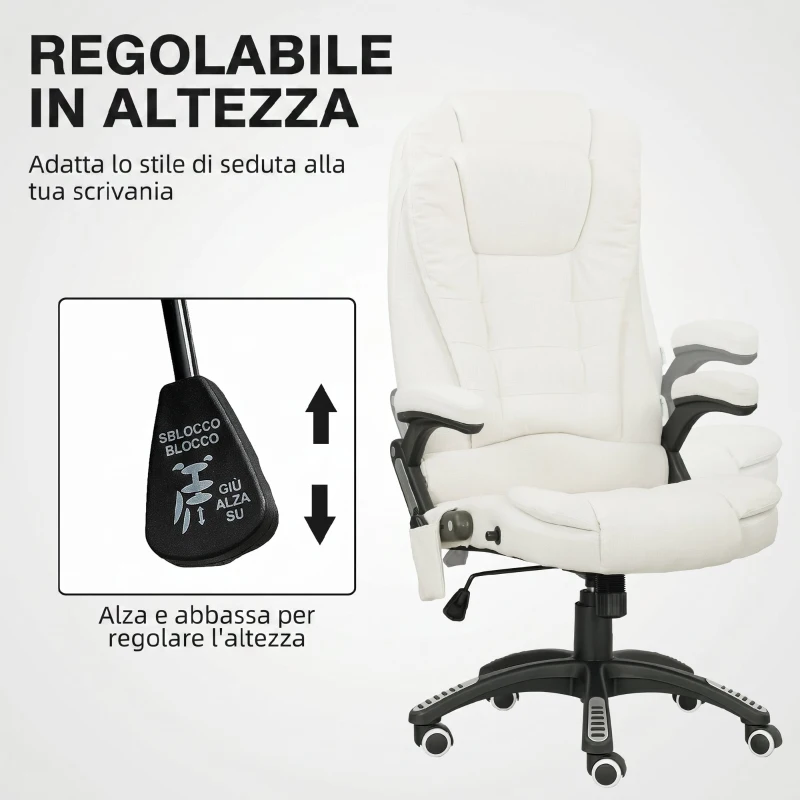 Vinsetto Sedia da Ufficio Reclinabile Massaggiante con Altezza Regolabile, Telecomando, in Tessuto Effetto Lino, Crema