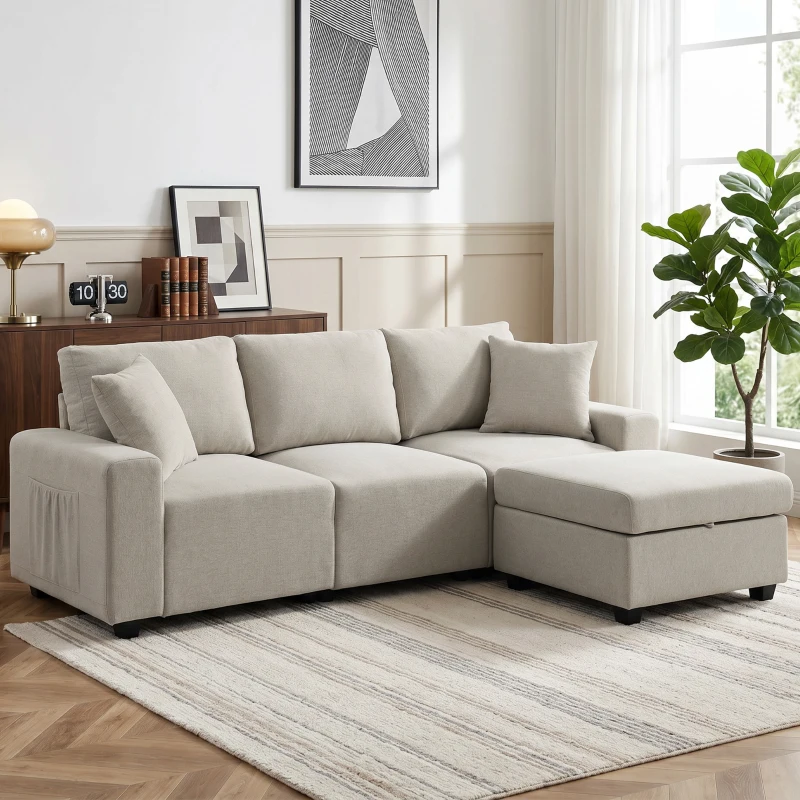 HOMCOM Sofá esquinero 3 plazas en tejido efecto lino con compartimento pouf extraíble, 2 cojines, Beige