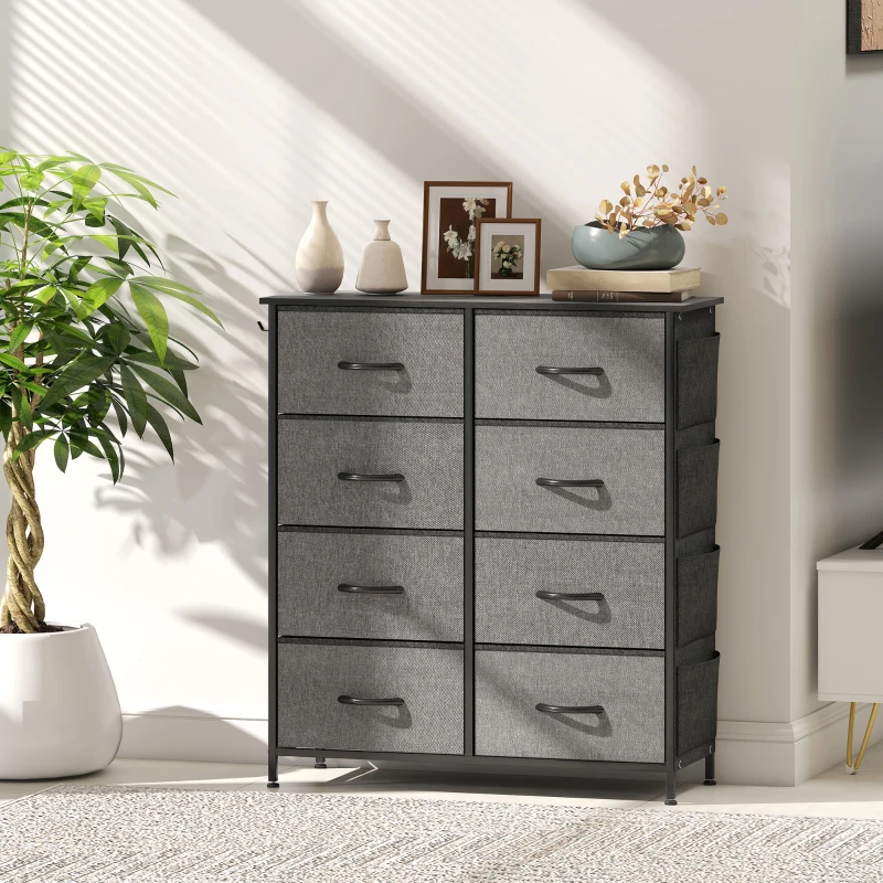 HOMCOM Kommode 8 Stoff-Schubladen, Aufbewahrungsmöbel mit 4 Taschen, 2 Haken, Stahlgestell, 86 x 30 x 94,5 cm, grau