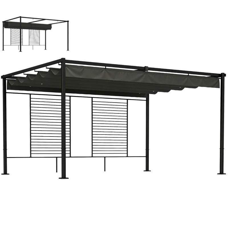Outsunny Pergola 3,87 x 2,97 m Terrassenüberdachung mit Schiebedach, 2 Sichtschutz, UV 50+ Dunkelgrau