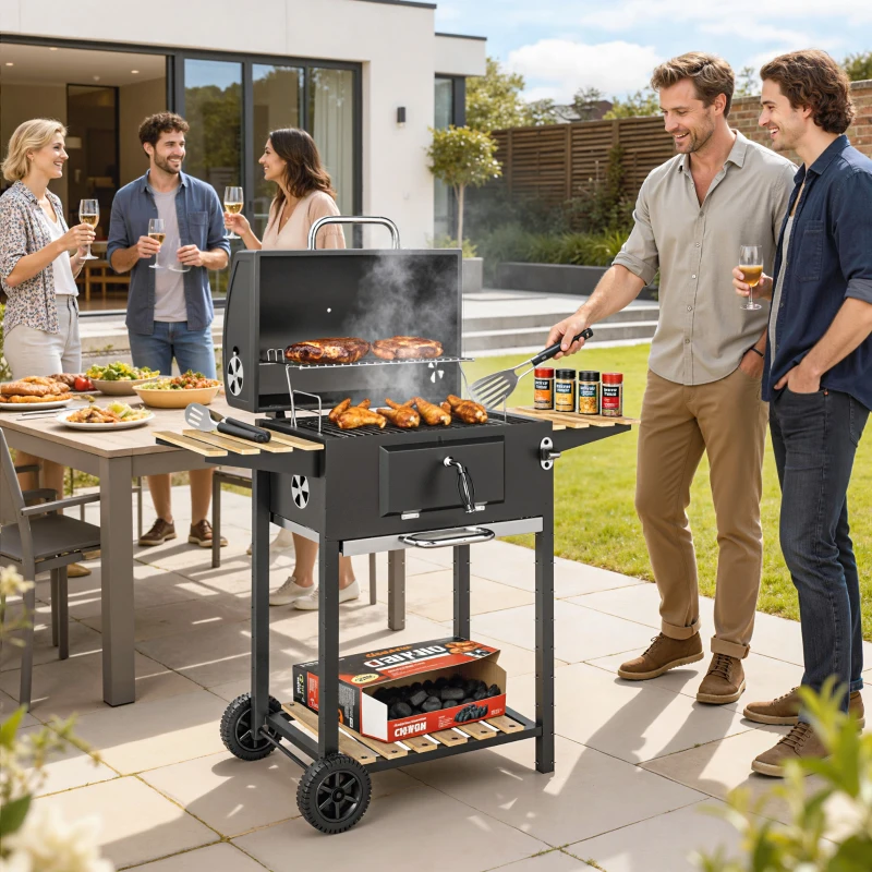 Outsunny Holzkohlegrill, höhenverstellbare Kohlenpfanne, Grillwagen, Regale, Thermometer, Flaschenöffner, Stahl, Holz, Schwarz