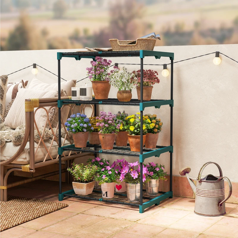Outsunny 4-Etagen Pflanzenständer, 105 cm hoch Blumenständer für Innen Außen, Pflanzenregal aus Stahl Dunkelgrün