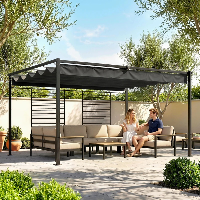 Outsunny Pergola 3,87 x 2,97 m Terrassenüberdachung mit Schiebedach, 2 Sichtschutz, UV 50+ Dunkelgrau