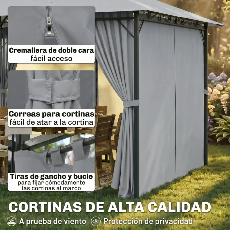 Outsunny Gazebo de Exterior 3x4 m con Paredes Laterales Doble Techo 6 Puertas con Cremallera y 8 Orificios de Drenaje Gris
