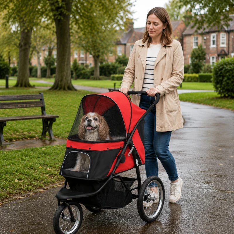 PawHut Foldable Pet Stroller with Three Wheels, for Small, Medium Dogs, Red