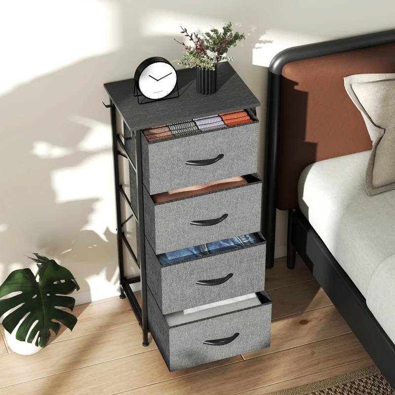 HOMCOM Cassettiera in tessuto con 4 cassetti, 4 tasche e 2 ganci, 45x30x94,5 cm, grigio