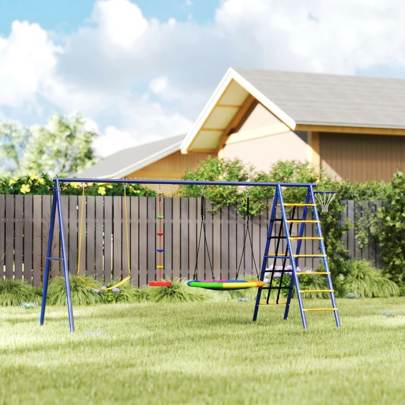 AIYAPLAY Portique balancoire exterieur 6 en 1 avec 3 balançoires, panier de basket, échelle d'escalade et filet, multicolore