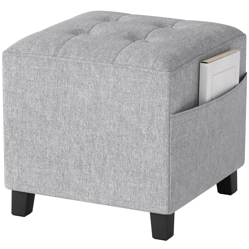 HOMCOM Quadratischer Hocker, kleiner Ottoman mit Seitentasche, Fußstütze aus Stoff in Leinenoptik mit Gummibaumholzbeinen, Hellgrau