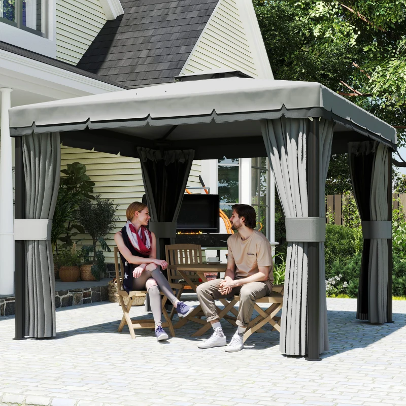 Outsunny avillon ca. 3x3m Wasserabweisend Stabil Winterfest Gartenpavillon mit Doppeldach Reißverschluss-Moskitonetze